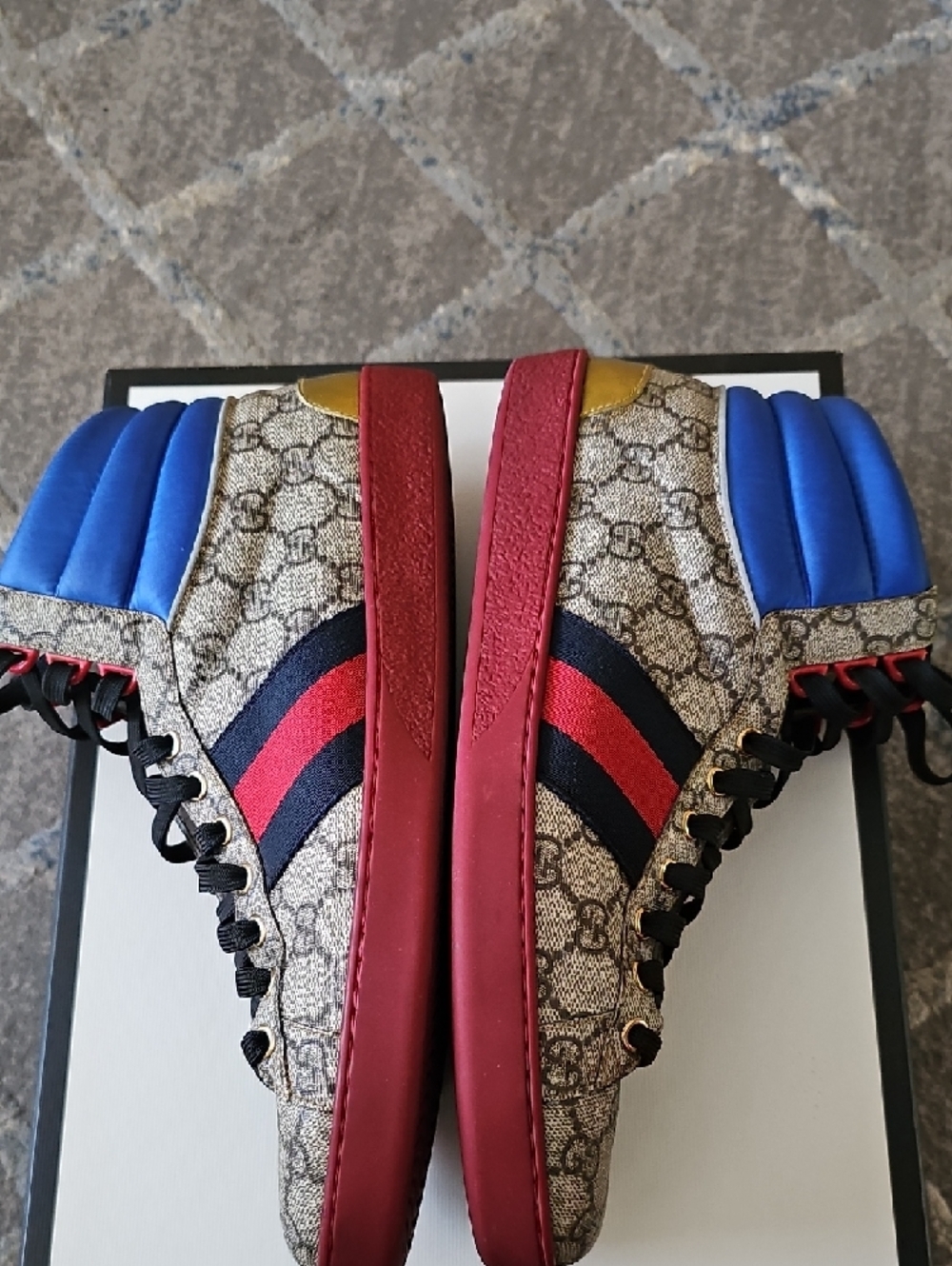 Gucci Men’s High-Top Sneakers in Light Gray Monogram with Blue & Red Accents - Picture 12 of 14
